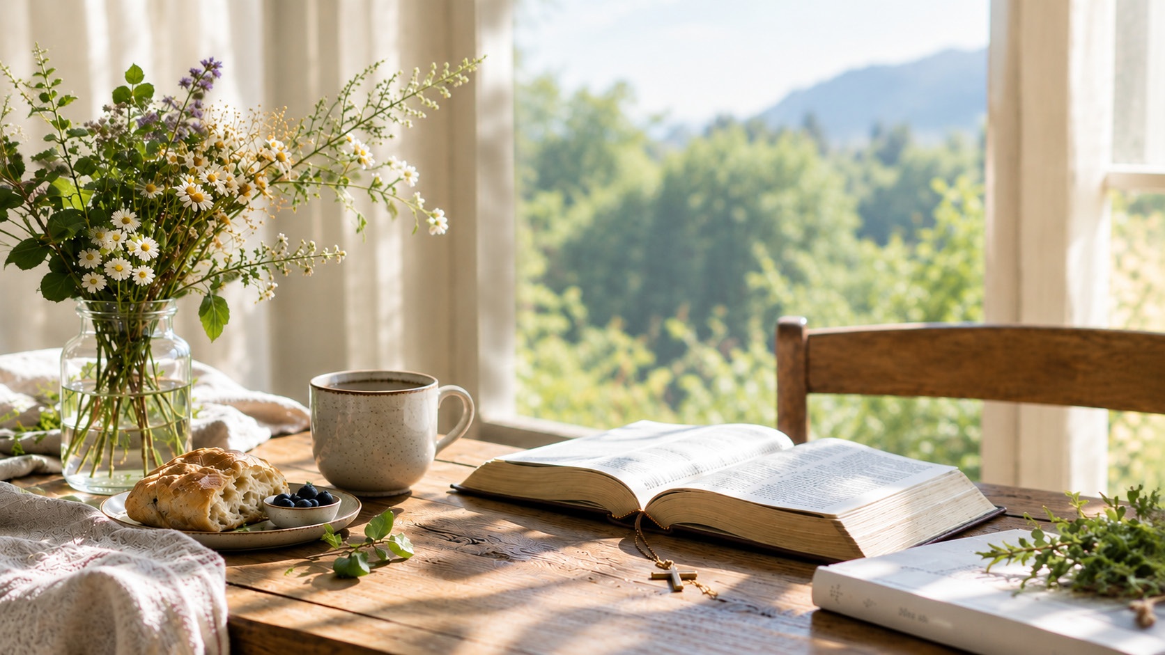 A quiet table with flowers, bread, coffee, and an open Bible