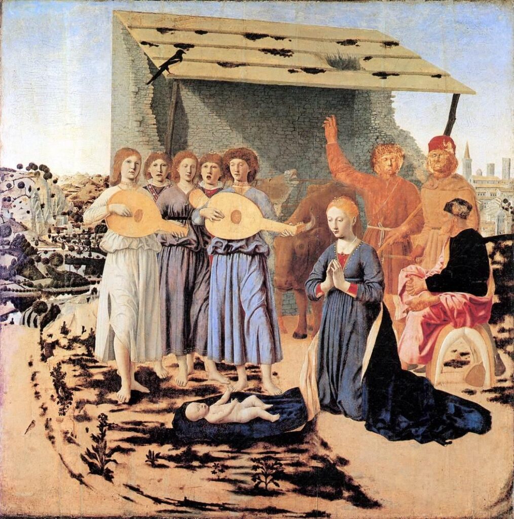 아기 예수 경배(The Nativity)(1470–1475) , 피에로 델라 프란체스카(Piero della Francesca), 런던 내셔널 갤러리에 소장 — 성탄 미술 작품, 예수를 바라보다
