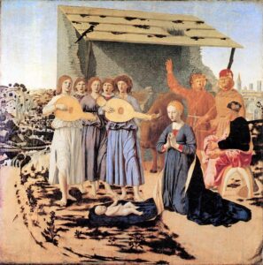 아기 예수 경배(The Nativity)(1470–1475) , 피에로 델라 프란체스카(Piero della Francesca), 런던 내셔널 갤러리에 소장 — 성탄 미술 작품, 예수를 바라보다