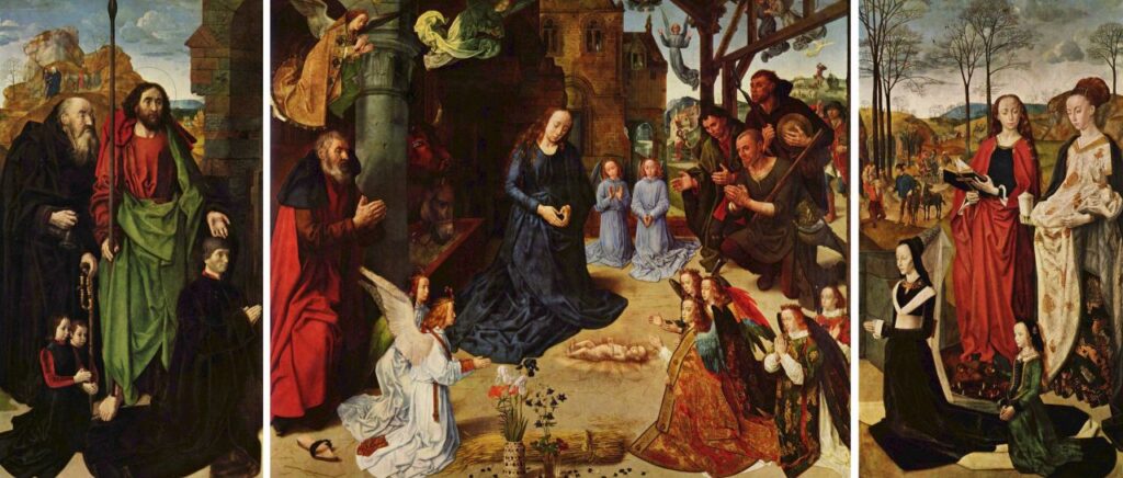 포르티나리 제단화(Portinari Altarpiece)(1475–1478), 후고 반 데르 후스(Hugo van der Goes), 우피치 갤러리 소장 — 성탄 미술 작품, 예수를 바라보다