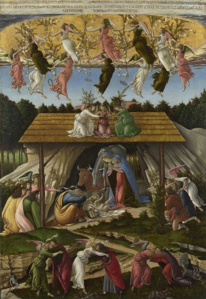 신비한 탄생(Mystic Nativity)(1500-1501), 산드로 보티첼리(Sandro Botticelli), 런던 내셔널 뮤지엄 소장 — 성탄 미술 작품, 예수를 바라보다