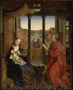 성모의 초상을 그리고 있는 성 누가(Saint Luke Drawing the Virgin)(1435-1440), 로히어르 판 데르 바이던(Rogier van… — 성탄 미술 작품, 예수를 바라보다