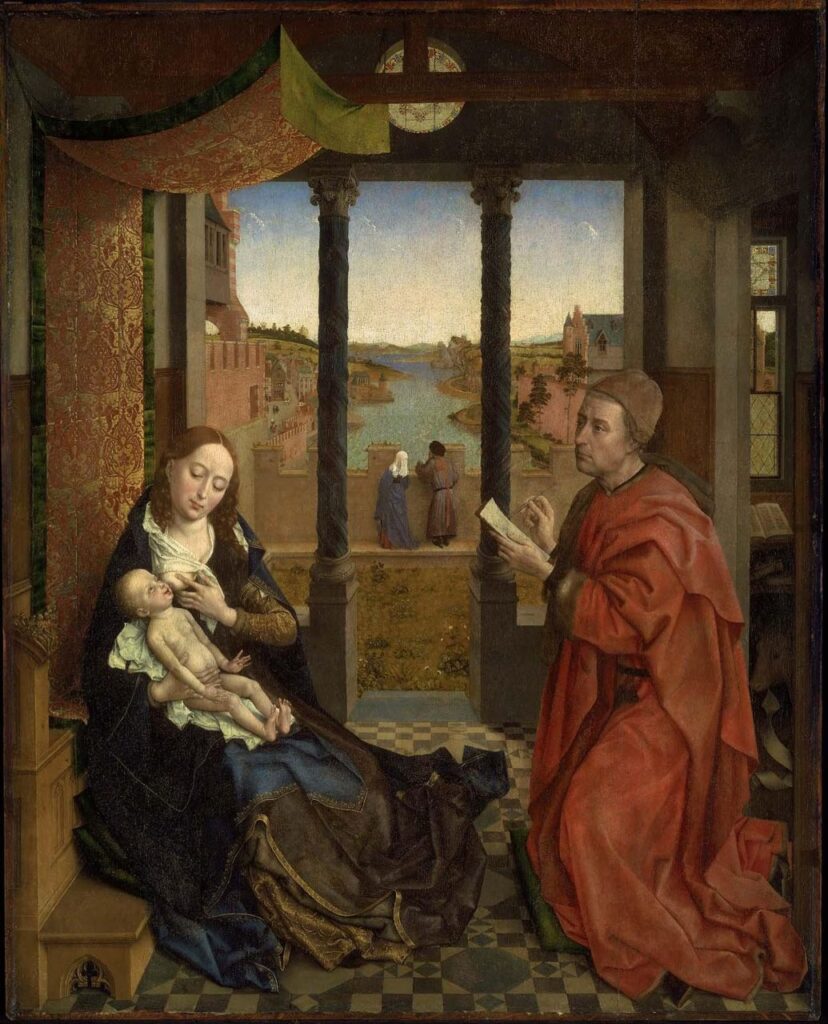 성모의 초상을 그리고 있는 성 누가(Saint Luke Drawing the Virgin)(1435-1440), 로히어르 판 데르 바이던(Rogier van… — 성탄 미술 작품, 예수를 바라보다